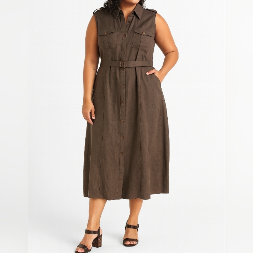 Brown Button Down Sleeveless Belted Shirt Dress 18 Office Resort